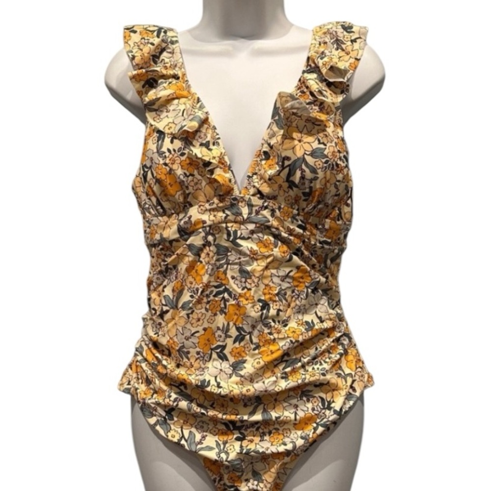 Cupshe Floral Ruffled One Piece V Neck Tan Large New with Tag